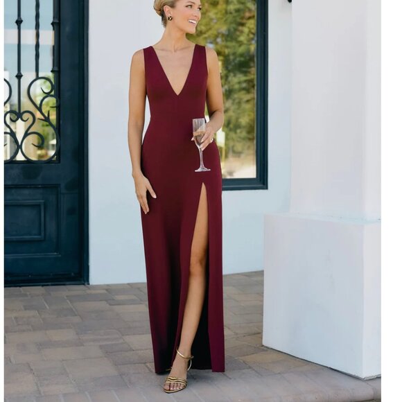 Park & Fifth Large Lexington Dress V-Neck High Slit Formal Maxi Dress Burgundy - Picture 1 of 10